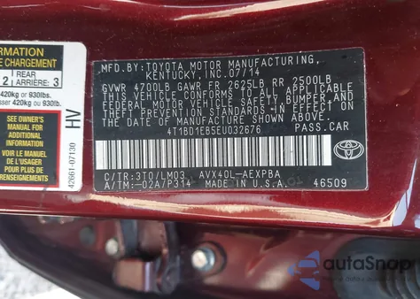 2014 Toyota Avalon Hybrid Limited from USA, damaged, VIN 4T1BD1EB5EU032676